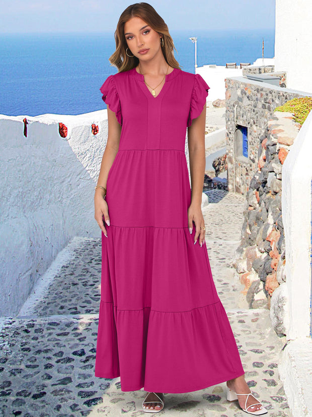 ANRABESS Womens Summer Casual Maxi Dress V Neck Ruffle Sleeve Long Dresses Fashion Flowy Tiered Boho Beach Vacation Sundress Black Large