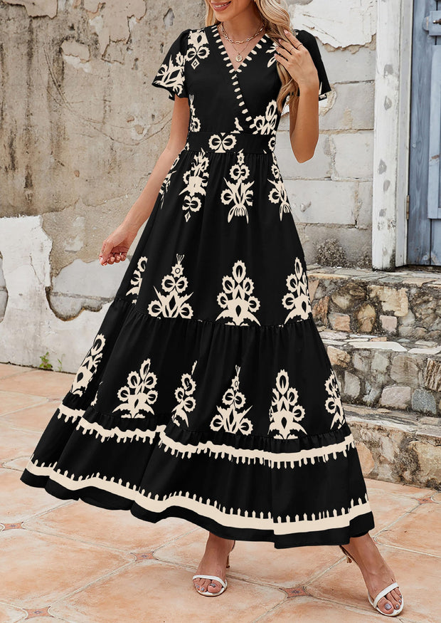 PRETTYGARDEN Womens 2025 Summer Casual V Neck Boho Maxi Dress Flowy Aline Bell Sleeve Tiered Floral Dresses with Pocket (Floral Apricot Black,X-Large)