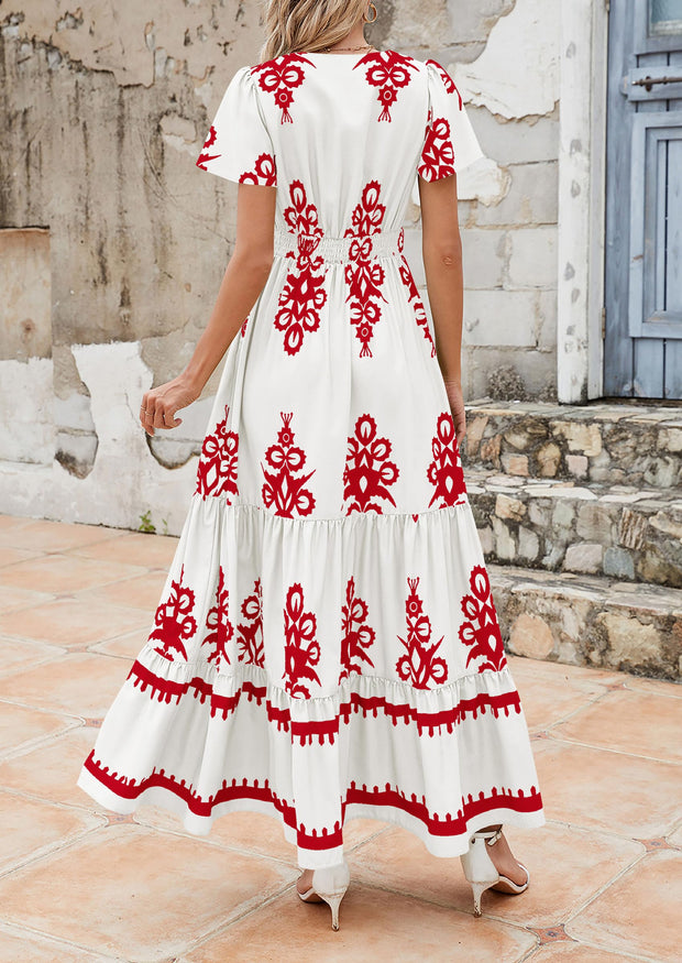 PRETTYGARDEN Womens 2025 Summer Casual V Neck Boho Maxi Dress Flowy Aline Bell Sleeve Tiered Floral Dresses with Pocket (Floral Apricot Black,X-Large)