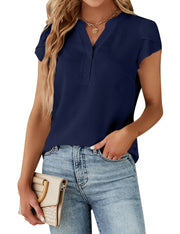 Blooming Jelly Women's Dressy Casual Tops Business Work Blouses White Button Down Shirts Cap Sleeve V Neck Tshirt