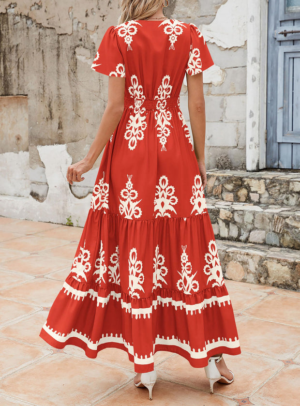 PRETTYGARDEN Womens 2025 Summer Casual V Neck Boho Maxi Dress Flowy Aline Bell Sleeve Tiered Floral Dresses with Pocket (Floral Apricot Black,X-Large)