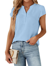 Blooming Jelly Women's Dressy Casual Tops Business Work Blouses White Button Down Shirts Cap Sleeve V Neck Tshirt