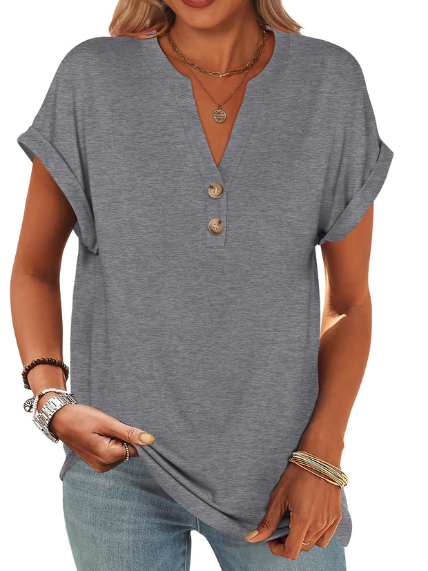 ANRABESS Womens Short Sleeve Henley Tops V Neck Dressy Casual Loose Fit Shirts Summer Flowy Blouses 2025 Trendy Clothes