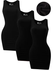 3 Piece Womens Summer Ribbed Tank Dress Scoop Neck Sleeveless Tank Top Dresses Basic Bodycon Mini Dress