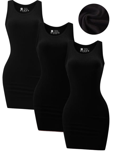 3 Piece Womens Summer Ribbed Tank Dress Scoop Neck Sleeveless Tank Top Dresses Basic Bodycon Mini Dress