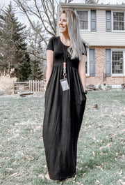 DEARCASE Maxi Dress for Women Black Medium Crewneck Short Sleeves Wedding Guest A-line Casual Party Vintage Spring Summer Beach Long Dresses with Pockets