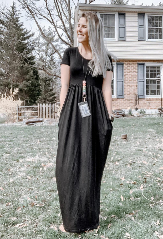 DEARCASE Maxi Dress for Women Black Medium Crewneck Short Sleeves Wedding Guest A-line Casual Party Vintage Spring Summer Beach Long Dresses with Pockets