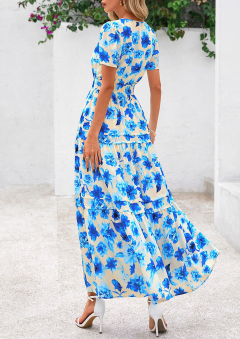 PRETTYGARDEN Women's 2025 Summer Boho Maxi Dresses Floral Short Sleeve V Neck A Line Tiered Flowy Long Beach Vacation Dress (White Pink Floral,Large)