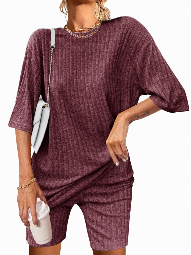 Ekouaer Pajamas 2 Piece Lounge Sets Ribbed Knit Matching Outfits T-shirt Biker Shorts Sleepwear Loungewear Sweatsuits