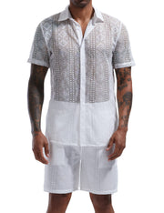 LecGee Men Summer Casual Short Sets Lace Short Sleeve Button Down Shirt Elastic Waist Shorts 2 Piece Outfits Tracksuit