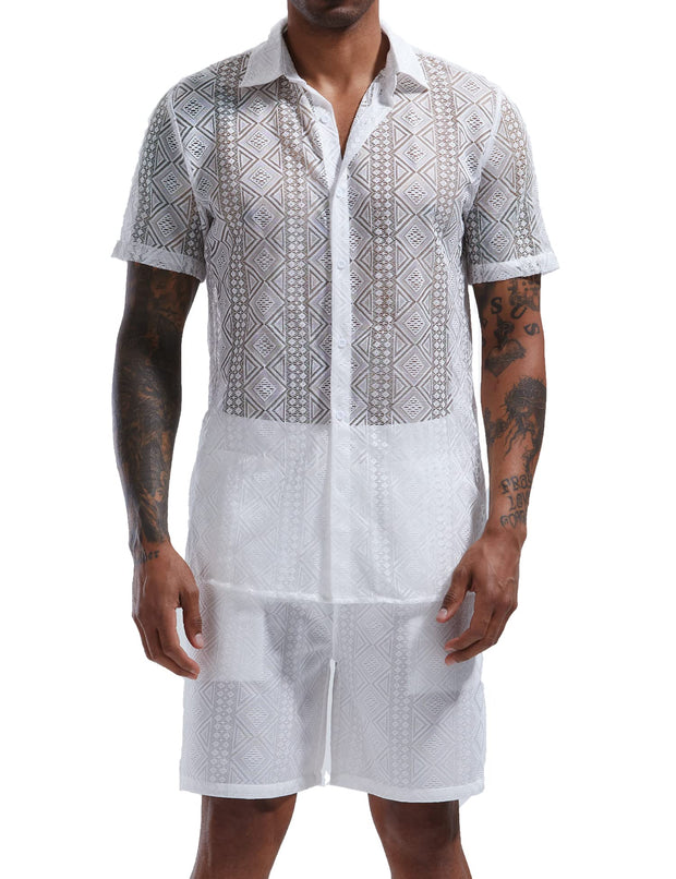 LecGee Men Summer Casual Short Sets Lace Short Sleeve Button Down Shirt Elastic Waist Shorts 2 Piece Outfits Tracksuit