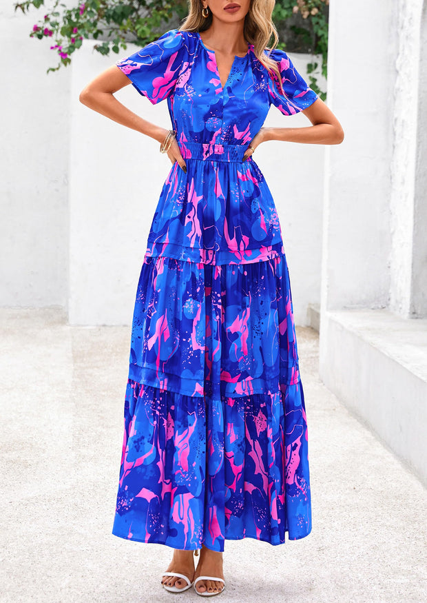 PRETTYGARDEN Women's 2025 Summer Boho Maxi Dresses Floral Short Sleeve V Neck A Line Tiered Flowy Long Beach Vacation Dress (White Pink Floral,Large)