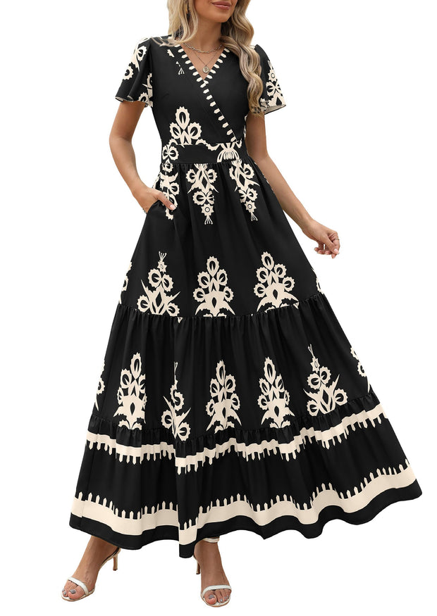 PRETTYGARDEN Womens 2025 Summer Casual V Neck Boho Maxi Dress Flowy Aline Bell Sleeve Tiered Floral Dresses with Pocket (Floral Apricot Black,X-Large)