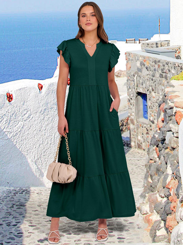ANRABESS Womens Summer Casual Maxi Dress V Neck Ruffle Sleeve Long Dresses Fashion Flowy Tiered Boho Beach Vacation Sundress Black Large