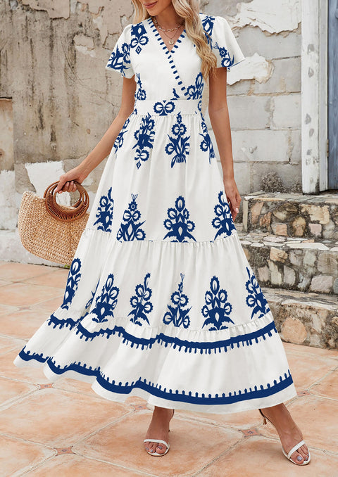 PRETTYGARDEN Womens 2025 Summer Casual V Neck Boho Maxi Dress Flowy Aline Bell Sleeve Tiered Floral Dresses with Pocket (Floral Apricot Black,X-Large)