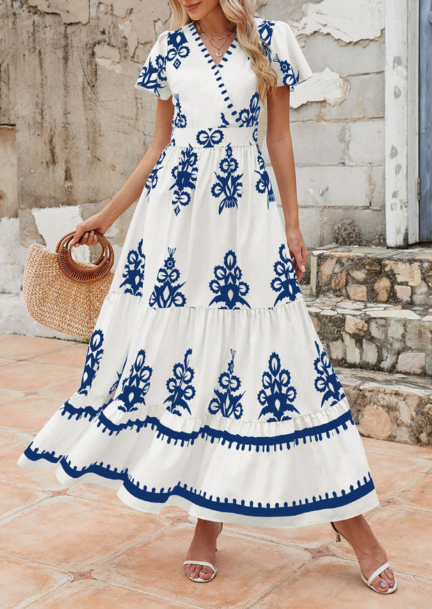 PRETTYGARDEN Womens 2025 Summer Casual V Neck Boho Maxi Dress Flowy Aline Bell Sleeve Tiered Floral Dresses with Pocket (Floral Apricot Black,X-Large)