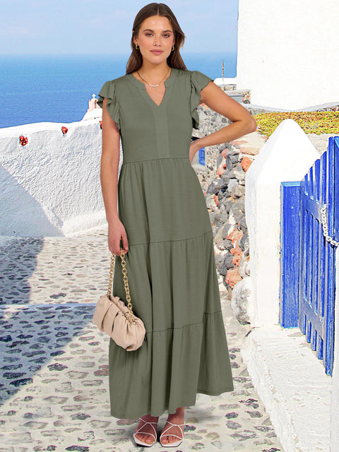 ANRABESS Womens Summer Casual Maxi Dress V Neck Ruffle Sleeve Long Dresses Fashion Flowy Tiered Boho Beach Vacation Sundress Black Large