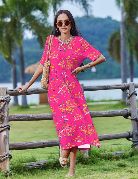 Zeagoo Women Long Sun Dress Summer T Shirt Dresses Beach Dress Casual Short Sleeve Tropical O Neck A Line Maxi Dresses Loose Side Slit Cover Up with Pockets 2025 Black XXL