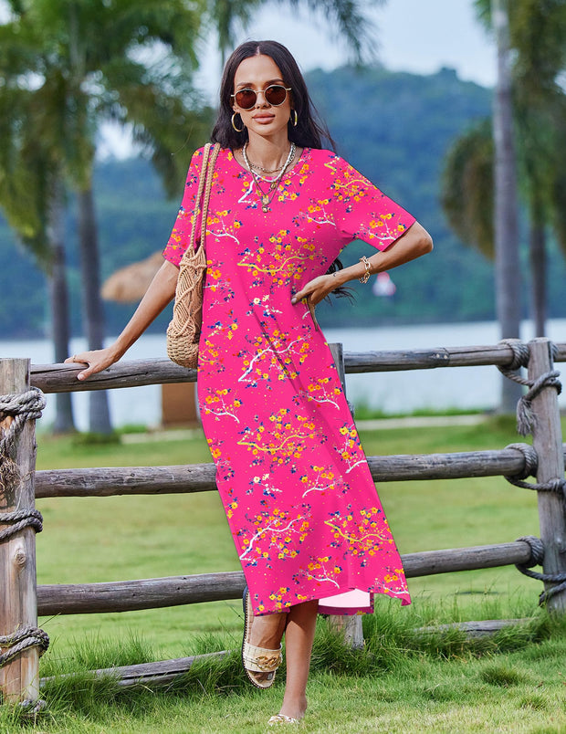 Zeagoo Women Long Sun Dress Summer T Shirt Dresses Beach Dress Casual Short Sleeve Tropical O Neck A Line Maxi Dresses Loose Side Slit Cover Up with Pockets 2025 Black XXL