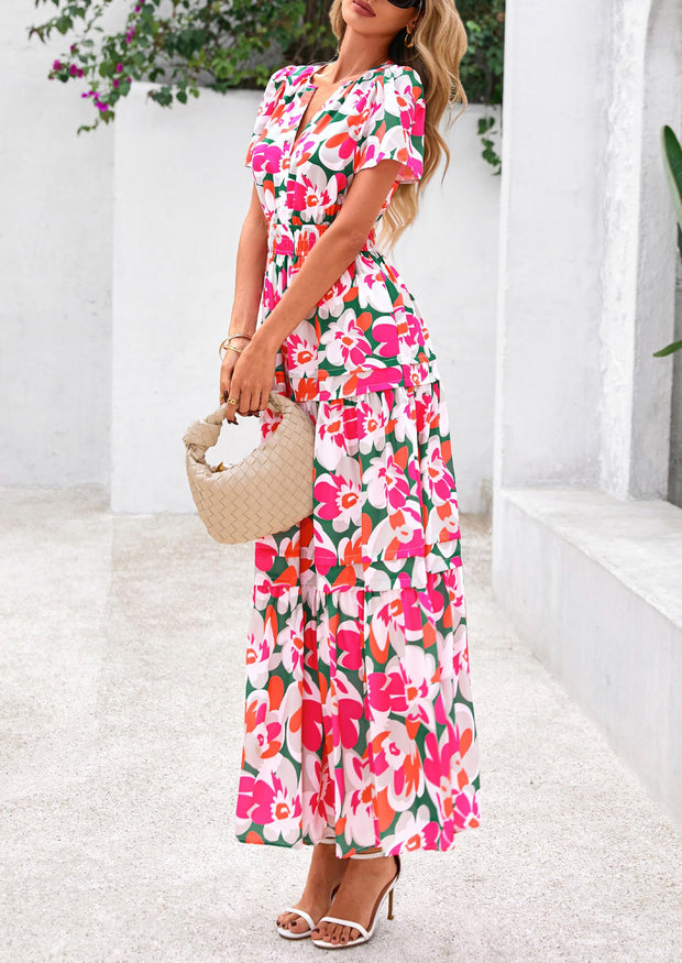 PRETTYGARDEN Women's 2025 Summer Boho Maxi Dresses Floral Short Sleeve V Neck A Line Tiered Flowy Long Beach Vacation Dress (White Pink Floral,Large)