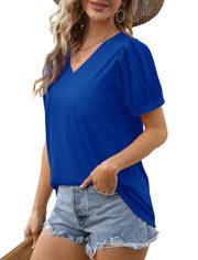 Geifa Womens Summer Tops Puff Short Sleeve V Neck T Shirts Loose Casual Tshirts