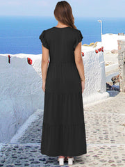 ANRABESS Womens Summer Casual Maxi Dress V Neck Ruffle Sleeve Long Dresses Fashion Flowy Tiered Boho Beach Vacation Sundress Black Large