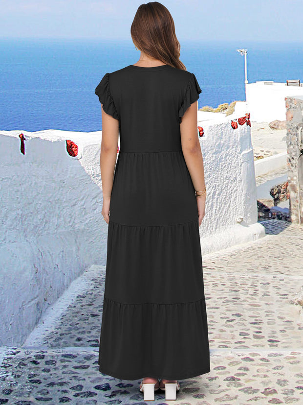 ANRABESS Womens Summer Casual Maxi Dress V Neck Ruffle Sleeve Long Dresses Fashion Flowy Tiered Boho Beach Vacation Sundress Black Large