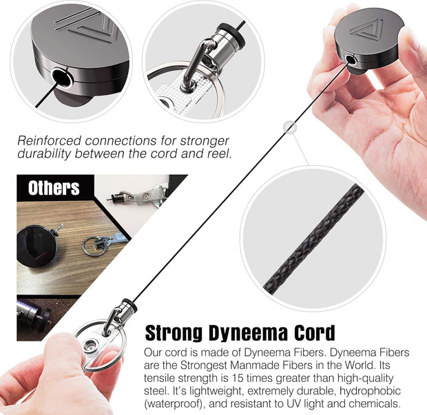 2 Pack Heavy Duty Metal Retractable Badge Holder Reel with Belt Clip Key Ring and Waterproof Vertical Clear ID Card Holder + 2 Extra Carabiner Key Chain Rings, 31 inches Strong Dyneema Pull Cord