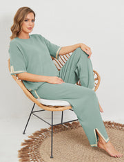 Tanming Sweater Sets Women 2 Piece Lounge Sets Short Sleeve Knit Pullover Tops Wide Leg Pants