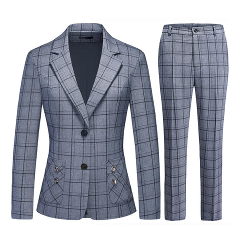 Womens 2 Piece Plaid Suits Set Business Office One Button Blazer Jacket Casual Long Sleeve Pant Suit Set