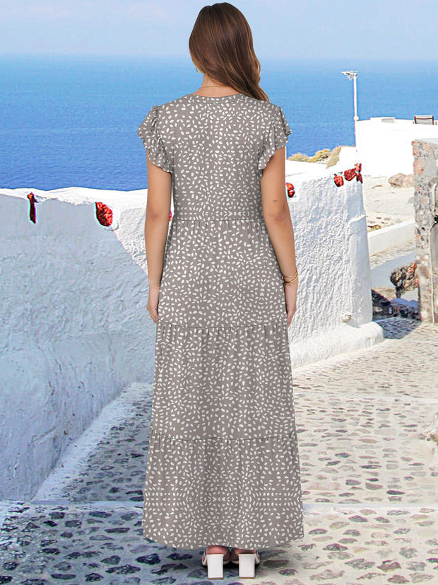 ANRABESS Womens Summer Casual Maxi Dress V Neck Ruffle Sleeve Long Dresses Fashion Flowy Tiered Boho Beach Vacation Sundress Black Large
