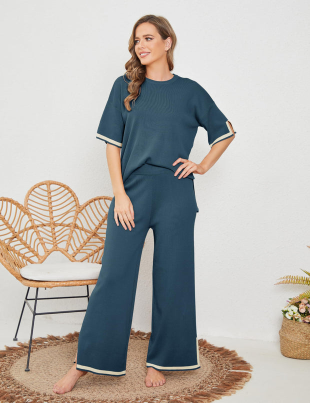 Tanming Sweater Sets Women 2 Piece Lounge Sets Short Sleeve Knit Pullover Tops Wide Leg Pants