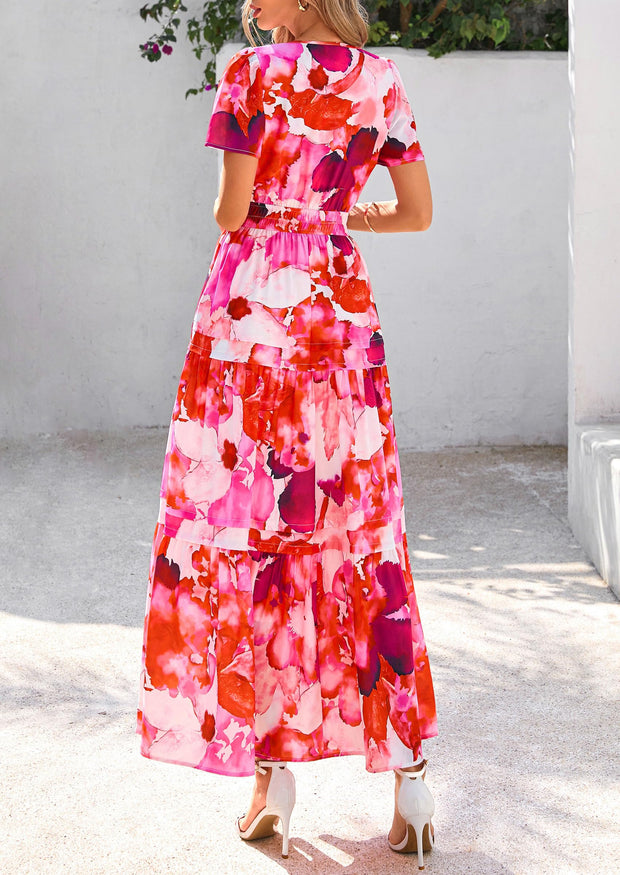 PRETTYGARDEN Women's 2025 Summer Boho Maxi Dresses Floral Short Sleeve V Neck A Line Tiered Flowy Long Beach Vacation Dress (White Pink Floral,Large)