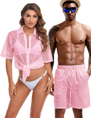 LecGee Men Summer Casual Short Sets Lace Short Sleeve Button Down Shirt Elastic Waist Shorts 2 Piece Outfits Tracksuit