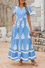 PRETTYGARDEN Womens 2025 Summer Casual V Neck Boho Maxi Dress Flowy Aline Bell Sleeve Tiered Floral Dresses with Pocket (Floral Apricot Black,X-Large)