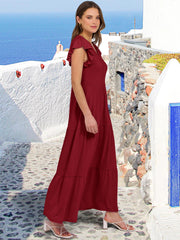 ANRABESS Womens Summer Casual Maxi Dress V Neck Ruffle Sleeve Long Dresses Fashion Flowy Tiered Boho Beach Vacation Sundress Black Large
