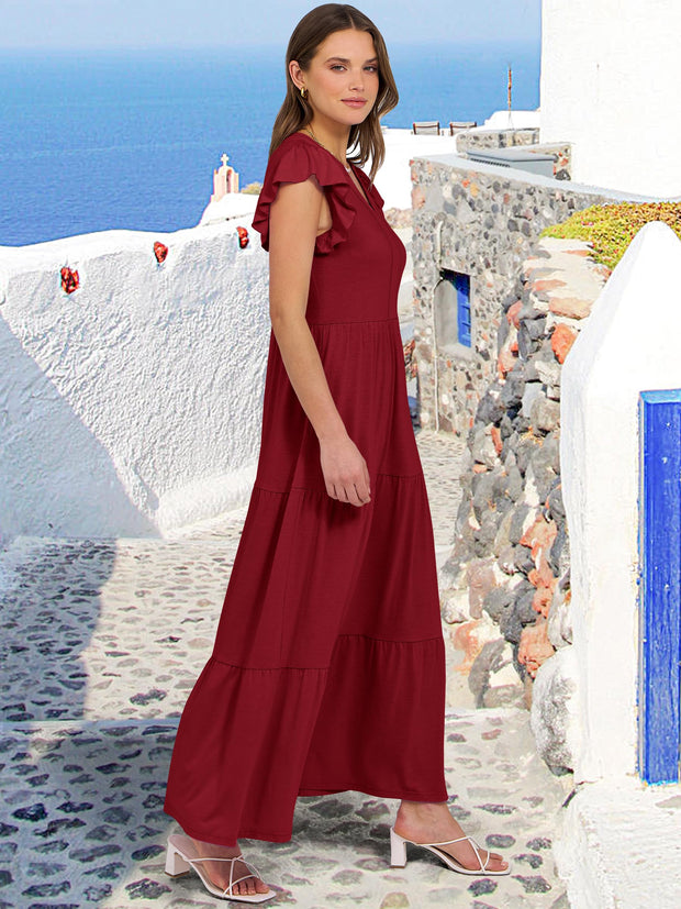 ANRABESS Womens Summer Casual Maxi Dress V Neck Ruffle Sleeve Long Dresses Fashion Flowy Tiered Boho Beach Vacation Sundress Black Large