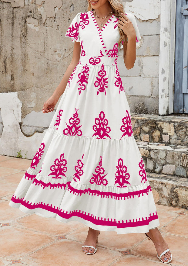 PRETTYGARDEN Womens 2025 Summer Casual V Neck Boho Maxi Dress Flowy Aline Bell Sleeve Tiered Floral Dresses with Pocket (Floral Apricot Black,X-Large)