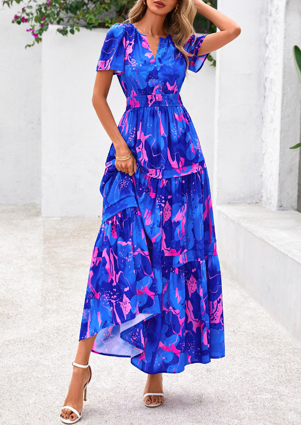 PRETTYGARDEN Women's 2025 Summer Boho Maxi Dresses Floral Short Sleeve V Neck A Line Tiered Flowy Long Beach Vacation Dress (White Pink Floral,Large)