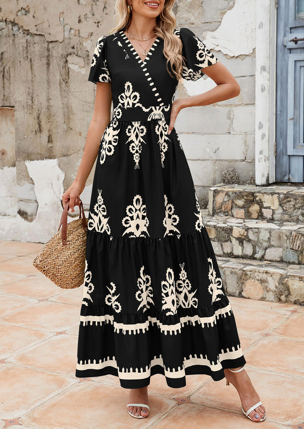 PRETTYGARDEN Womens 2025 Summer Casual V Neck Boho Maxi Dress Flowy Aline Bell Sleeve Tiered Floral Dresses with Pocket (Floral Apricot Black,X-Large)