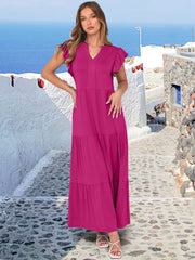 ANRABESS Womens Summer Casual Maxi Dress V Neck Ruffle Sleeve Long Dresses Fashion Flowy Tiered Boho Beach Vacation Sundress Black Large