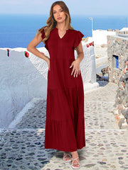 ANRABESS Womens Summer Casual Maxi Dress V Neck Ruffle Sleeve Long Dresses Fashion Flowy Tiered Boho Beach Vacation Sundress Black Large