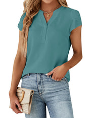 Blooming Jelly Women's Dressy Casual Tops Business Work Blouses White Button Down Shirts Cap Sleeve V Neck Tshirt