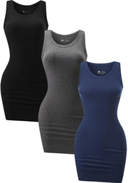 3 Piece Womens Summer Ribbed Tank Dress Scoop Neck Sleeveless Tank Top Dresses Basic Bodycon Mini Dress