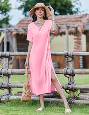 Zeagoo Women Long Sun Dress Summer T Shirt Dresses Beach Dress Casual Short Sleeve Tropical O Neck A Line Maxi Dresses Loose Side Slit Cover Up with Pockets 2025 Black XXL