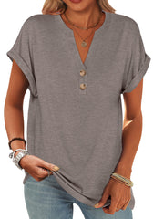 ANRABESS Womens Short Sleeve Henley Tops V Neck Dressy Casual Loose Fit Shirts Summer Flowy Blouses 2025 Trendy Clothes
