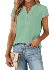 Blooming Jelly Women's Dressy Casual Tops Business Work Blouses White Button Down Shirts Cap Sleeve V Neck Tshirt