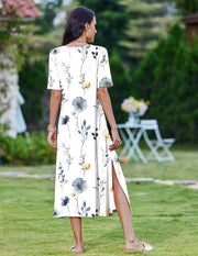Zeagoo Women Long Sun Dress Summer T Shirt Dresses Beach Dress Casual Short Sleeve Tropical O Neck A Line Maxi Dresses Loose Side Slit Cover Up with Pockets 2025 Black XXL