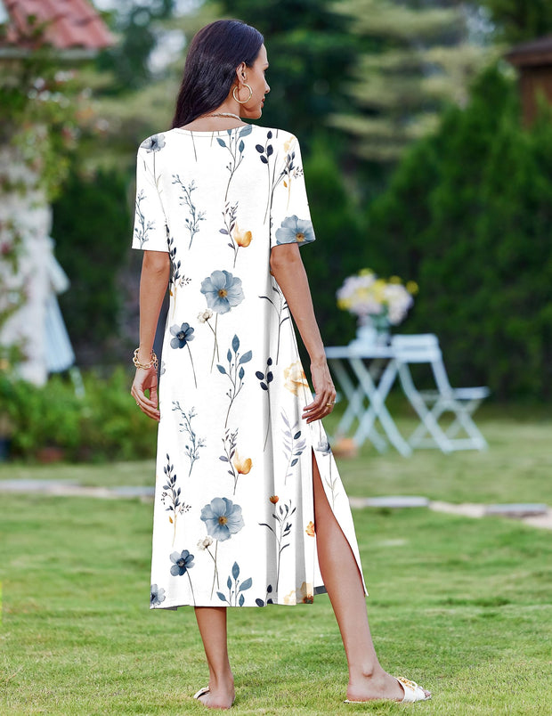 Zeagoo Women Long Sun Dress Summer T Shirt Dresses Beach Dress Casual Short Sleeve Tropical O Neck A Line Maxi Dresses Loose Side Slit Cover Up with Pockets 2025 Black XXL
