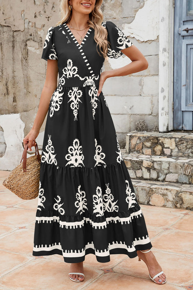 PRETTYGARDEN Womens 2025 Summer Casual V Neck Boho Maxi Dress Flowy Aline Bell Sleeve Tiered Floral Dresses with Pocket (Floral Apricot Black,X-Large)